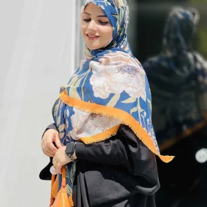 روسری گل رز نارنجی آبی جین